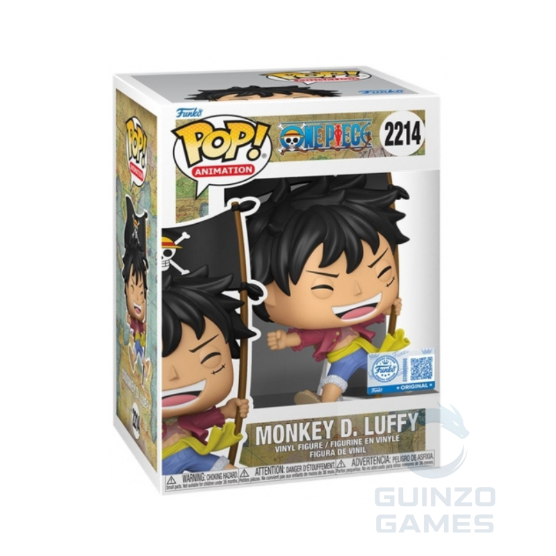 Scatola Funko POP One Piece: Luffy con bandiera, vista laterale 2214 esclusivo