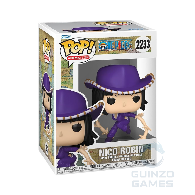 Figurina Funko Pop Nico Robin in vinile, con cappello viola, nella scatola