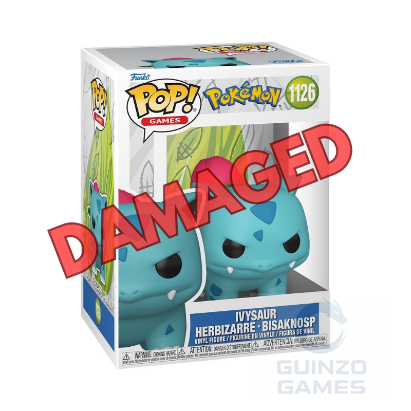 Figura Funko Pop Pokémon Ivysaur in scatola, colore verde-azzurro, testo DAMAGED.