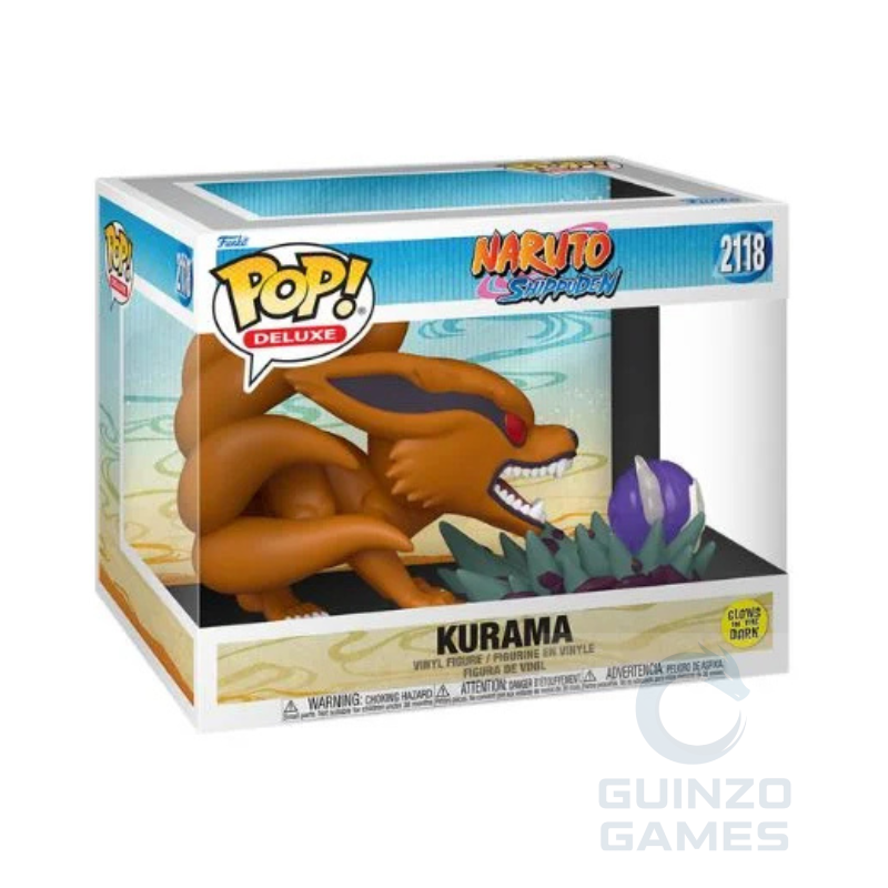 Scatola Funko Pop Deluxe Kurama con volpe arancione e cristalli viola luminosi.