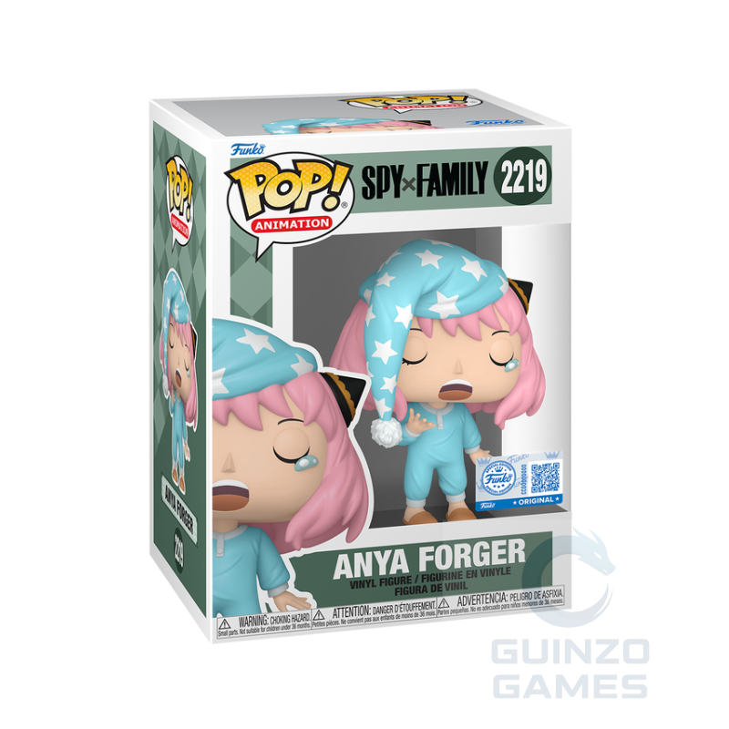 Action figure Funko Pop in scatola: Anya Forger con cappelli rosa e tuta azzurra