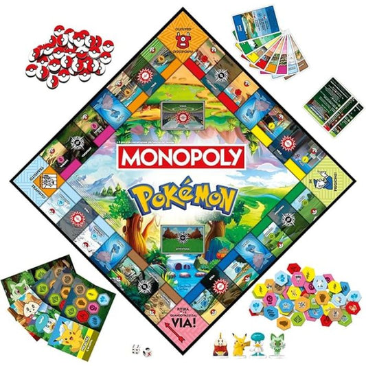 Tabellone Monopoly Pokémon con caselle colorate, tessere e pedine