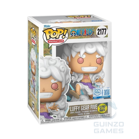 Scatola Funko POP con figura Luffy Gear Five glow, capelli bianchi, posa in ginocchio