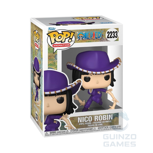 Figurina Funko Pop Nico Robin in vinile, con cappello viola, nella scatola