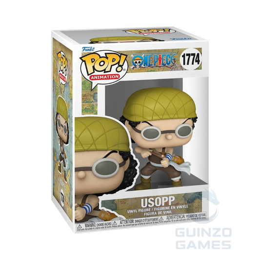 Funko POP di Usopp in scatola, cappello verde e occhiali grigi, vinile