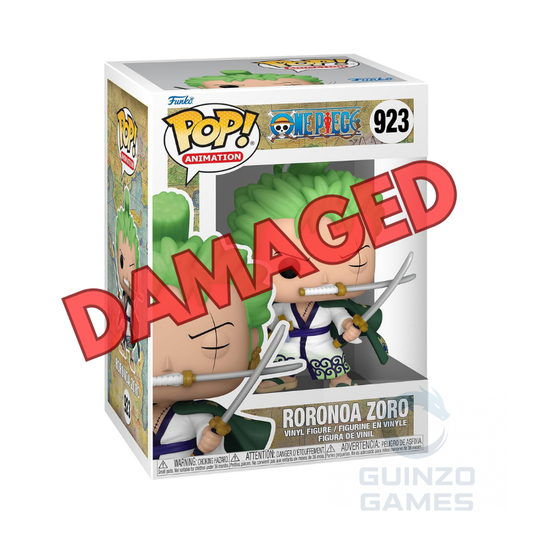 Figura Funko POP Animation One Piece Roronoa Zoro in scatola, spade e capelli verdi.