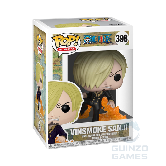 Figurina Funko POP Sanji con giacca nera e accessorio fiamme arancioni, in scatola