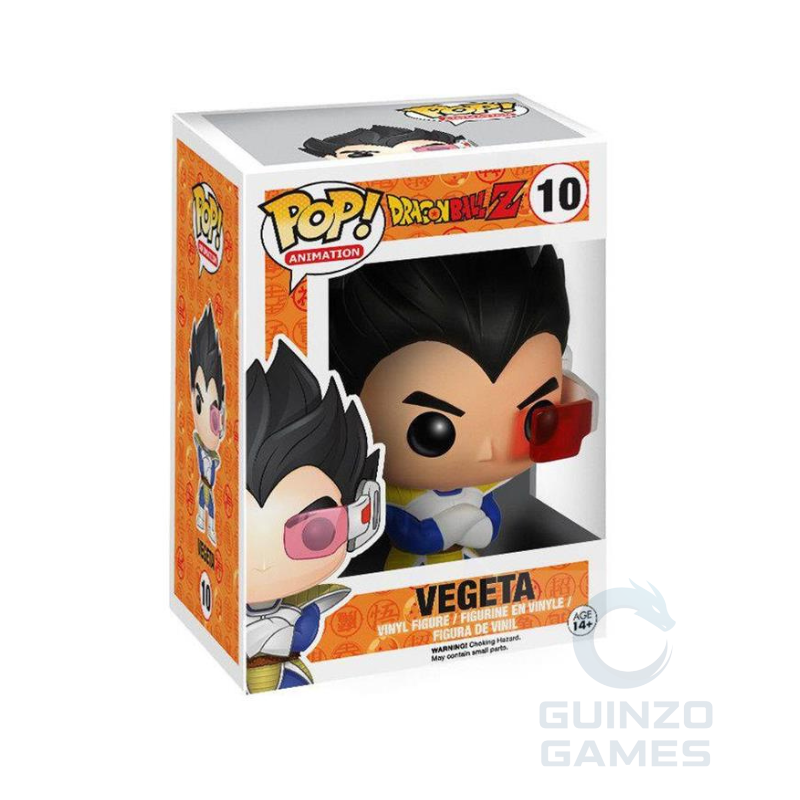 Scatola con figurina Funko POP di Vegeta: capelli neri, occhi rossi, tuta blu.