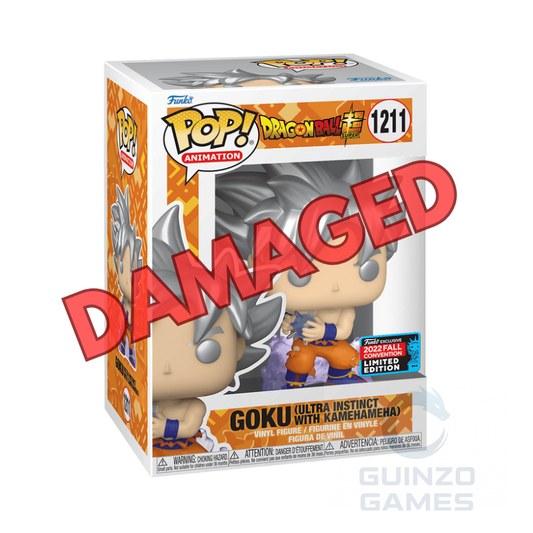 Scatola Funko Pop con figura Goku con kamehameha, scritta DAMAGED rossa