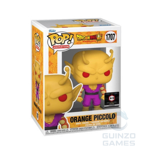 Figura da collezione arancione con outfit viola e occhi rossi, in confezione