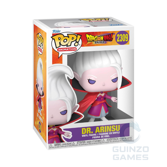 Scatola Funko POP con figura DR. ARINSU: capelli bianchi, occhi viola, outfit rosso