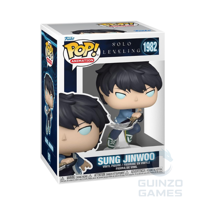 Scatola Funko POP! Solo Leveling con figura di Sung Jinwoo 1982, stile vinyl.