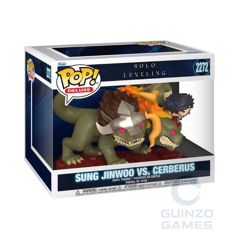 Scatola Funko POP Deluxe con figura Sung Jinwoo contro Cerberus, dettagli in vinile.