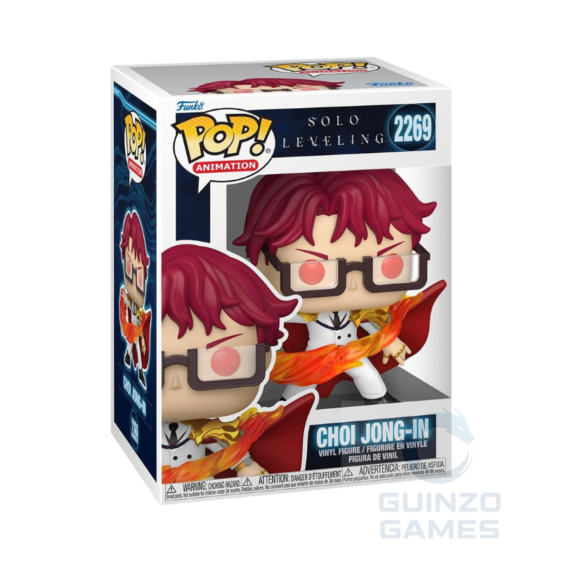 Scatola action figure Funko Pop con personaggio capelli bordeaux e occhiali, fiamme