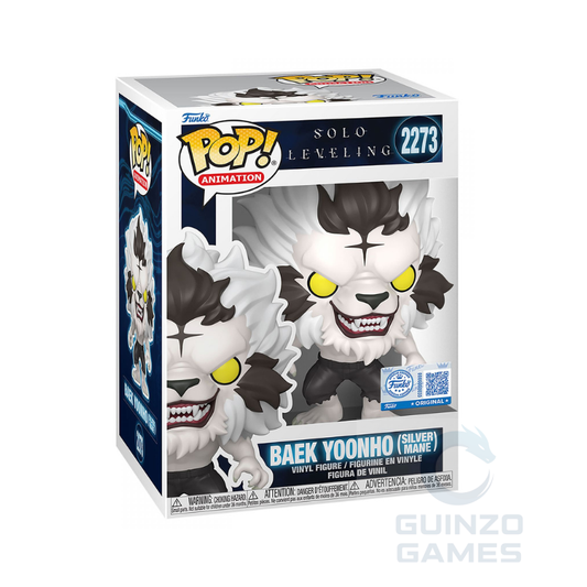 Personaggio Funko POP in vinile di Baek Yoonho (criniera argentata) visto di lato, in scatola