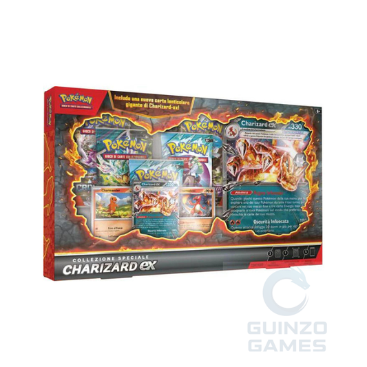 Scatola carte collezione speciale TCG Pokémon Charizard ex, grafica e loghi Pokémon