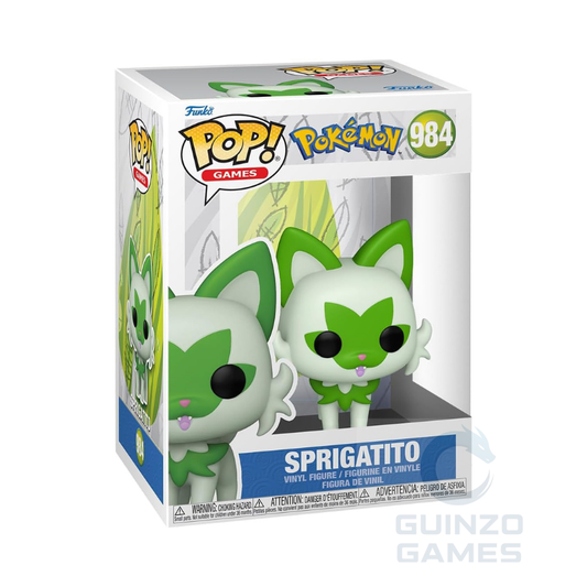 Figura Funko Pop Pokémon Sprigatito 984 in confezione, con sagoma verde e bianca