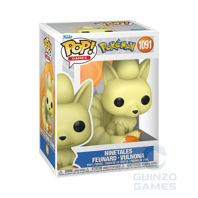 Figurina Funko Pop Pokémon Ninetales in scatola, sagoma giallo chiaro con coda rossa