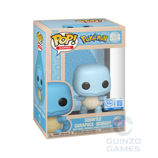 Personaggio Funko Pop di Squirtle blu con carapace, scatola frontale