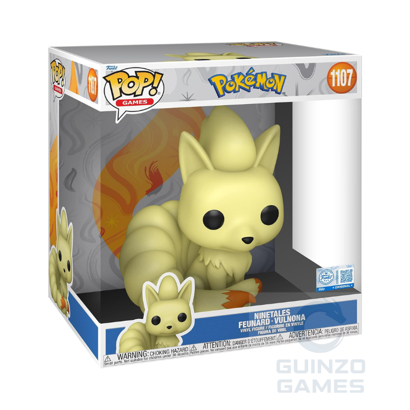 Figurina Funko Pop Pokémon Ninetales 1107 Jumbo con nove code, nel box.
