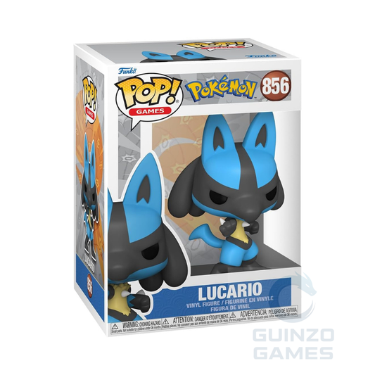 Scatola Funko POP Games Pokémon con statuetta Lucario 856, vista frontale.