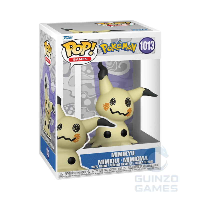 Figura in vinile Mimikyu in confezione POP! Pokémon, con cappuccio nero e grigio.