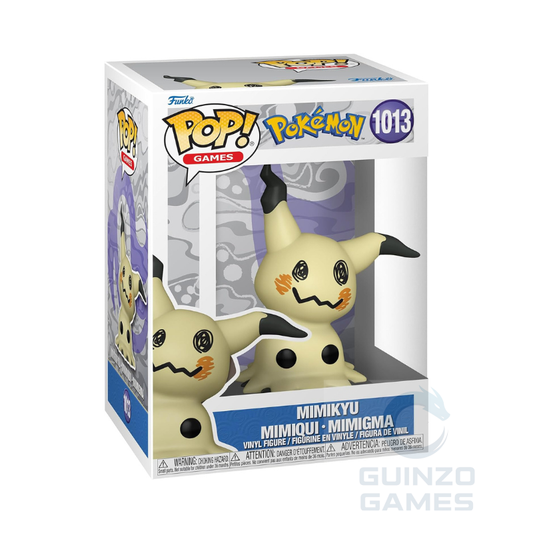 Figura in vinile Mimikyu in confezione POP! Pokémon, con cappuccio nero e grigio.