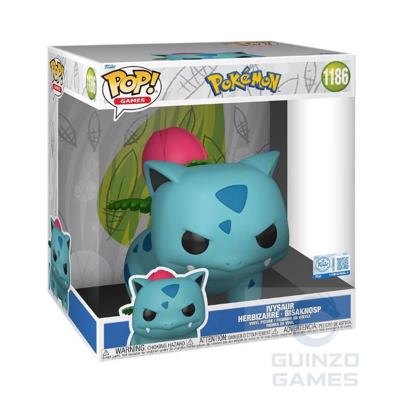 Scatola figure Funko Pop Pokémon Ivysaur jumbo con busto dinosauro verde-azzurro