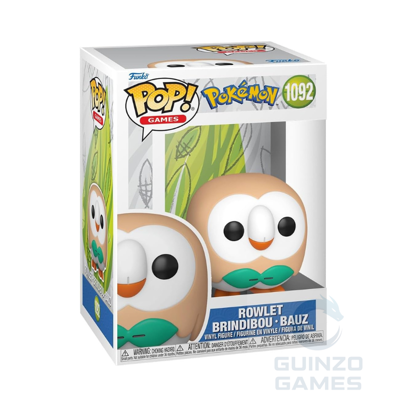 Scatola con figurina Funko POP Pokémon: gufo Rowlet verde e crema, occhi grandi