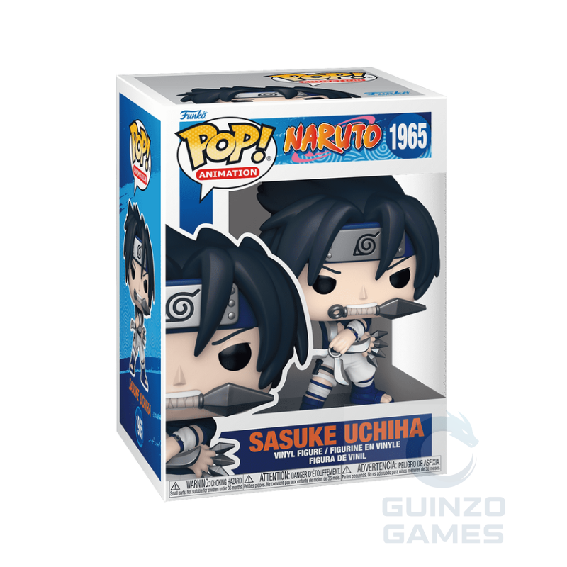 Figura in vinile Funko Pop di Sasuke Uchiha con outfit nero e blu, confezione