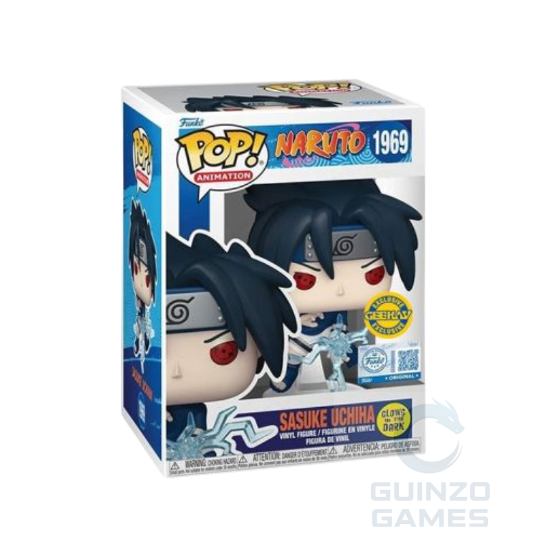 Figura Funko POP Naruto in scatola con Sasuke Uchiha 1969 e scritta GLOW.