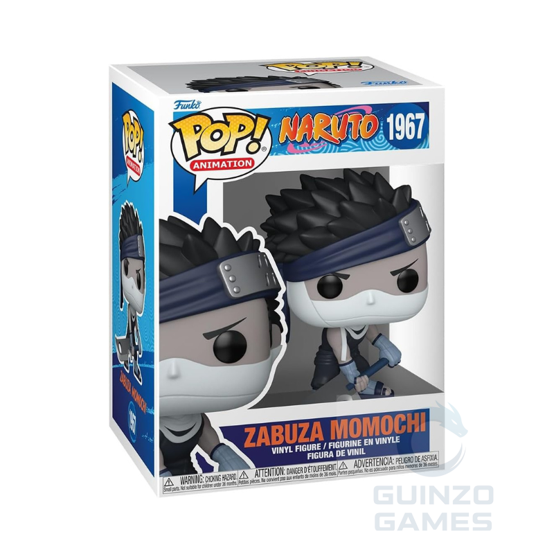 Figura Funko Pop Zabuza Momochi: abito nero, cintura e capelli azzurri, testa bianca