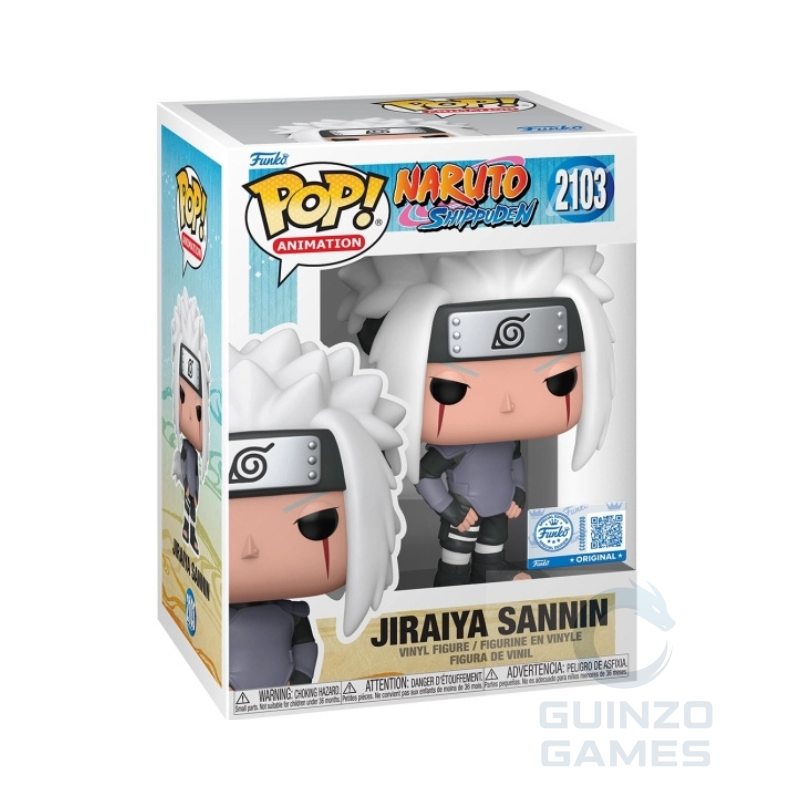 Figura Funko Pop Jiraiya Sannin Naruto in confezione con cappuccio grigio e capelli bianchi
