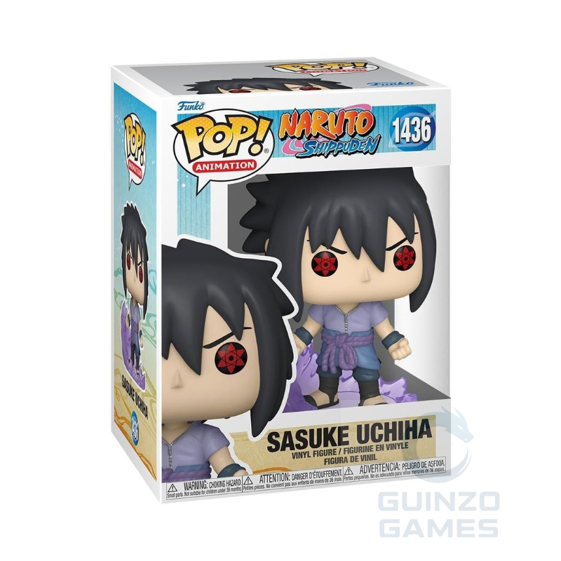 Figura Funko Pop Naruto Sasuke Uchiha in scatola, abito viola, capelli neri.