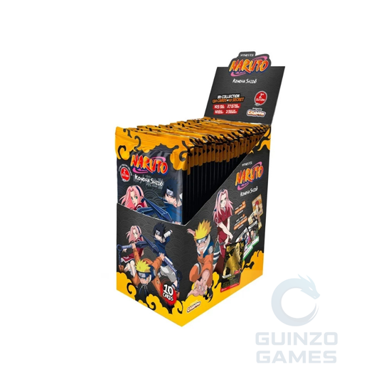 Scatola di booster NARUTO MYTHOS con personaggi, scatola nera e gialla impilata.