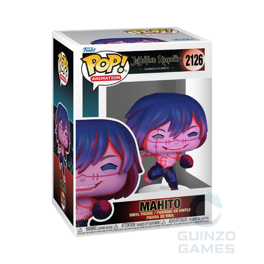 Scatola con action figure Funko POP Mahito, capelli blu e rossi, posa in piedi