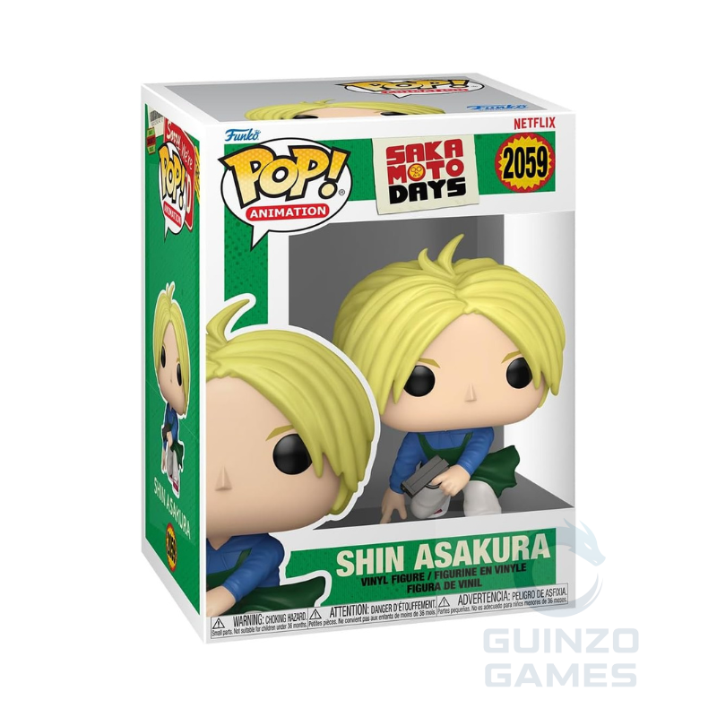 Scatola Funko Pop con figure Shin Asakura, capelli biondi, abbigliamento blu/verde