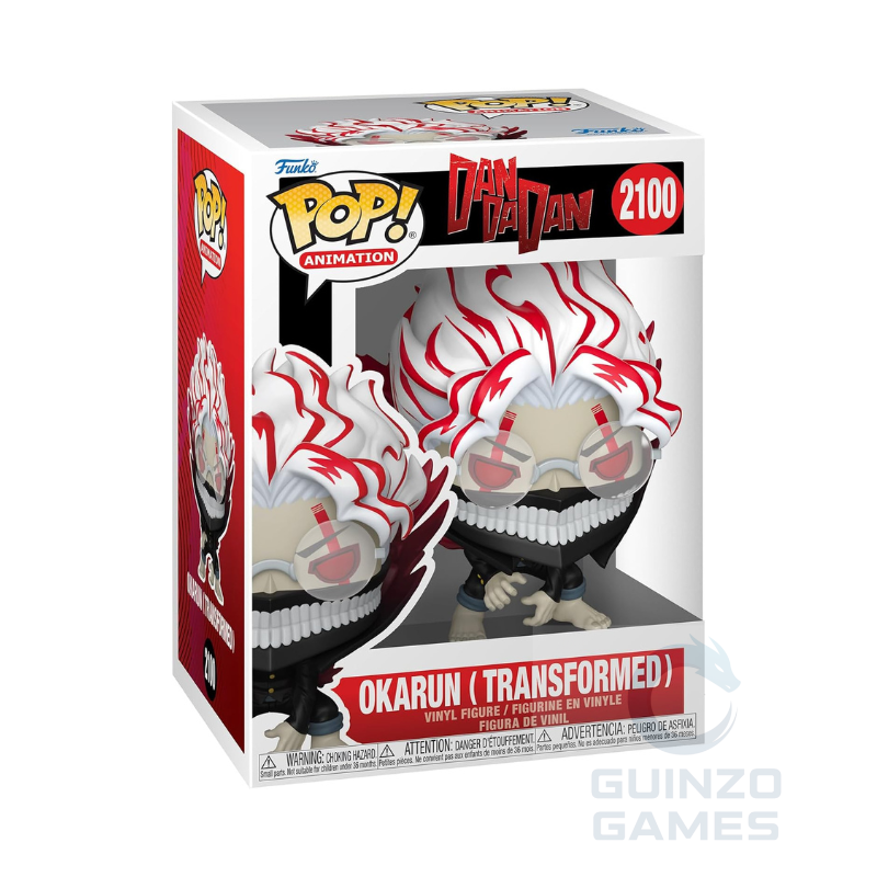 Action figure Funko Pop in scatola, Okarun trasformato con capelli bianchi e fiamme rosse