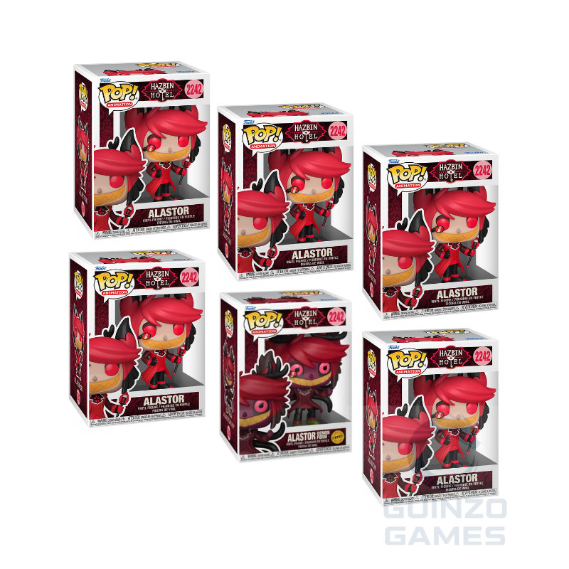 Bundle di figure Funko Pop in scatole con personaggio Alastor rosso, stile animazione