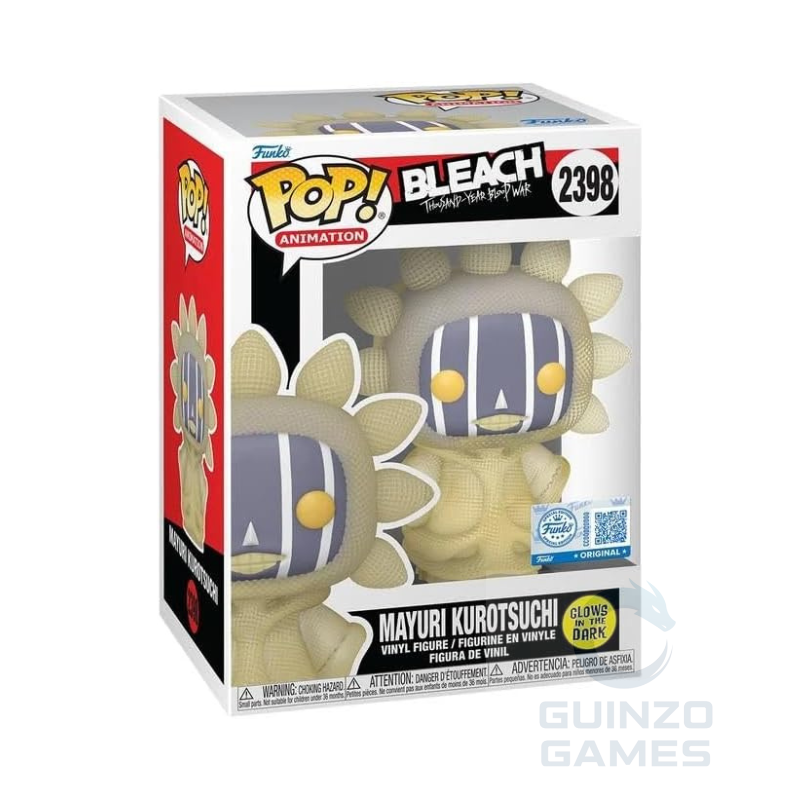 Figura Funko POP Bleach in scatola, casco a strisce blu, occhi gialli, etichetta Glow Dark