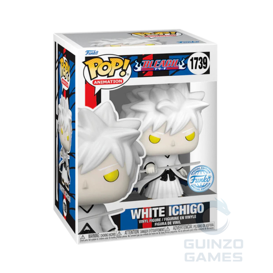 Figura Funko POP Bleach Ichigo bianco in confezione, capelli bianchi e occhi gialli