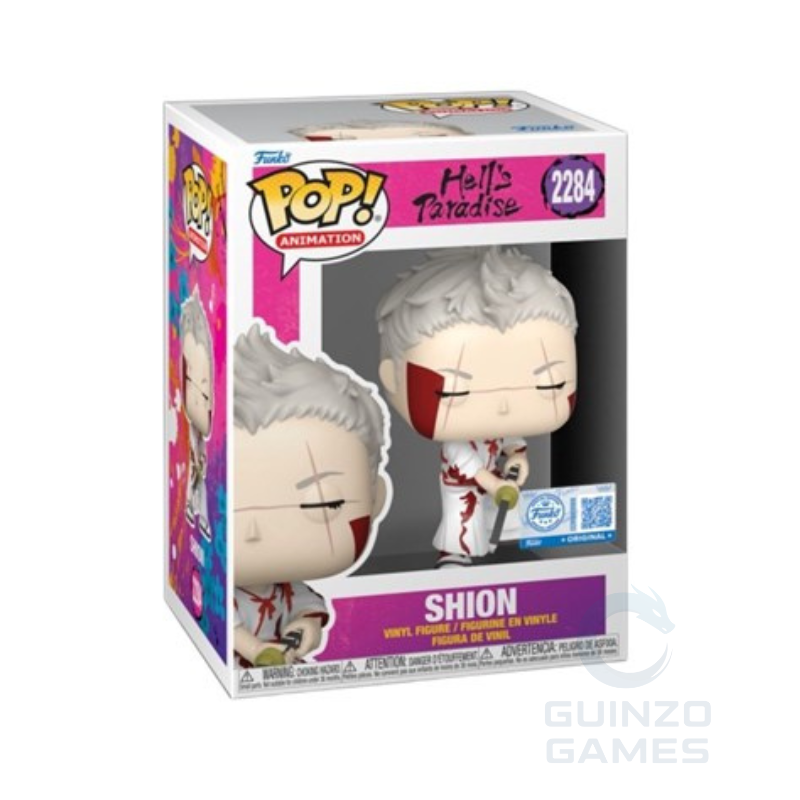 Scatola Funko Pop di Shion: figura anime con capelli bianchi e abito rosso.
