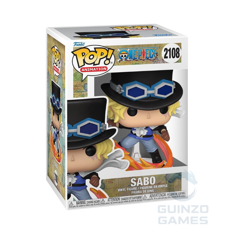 Figura da collezione Funko Pop Sabo in cappello blu e tunica scura, scatola frontale