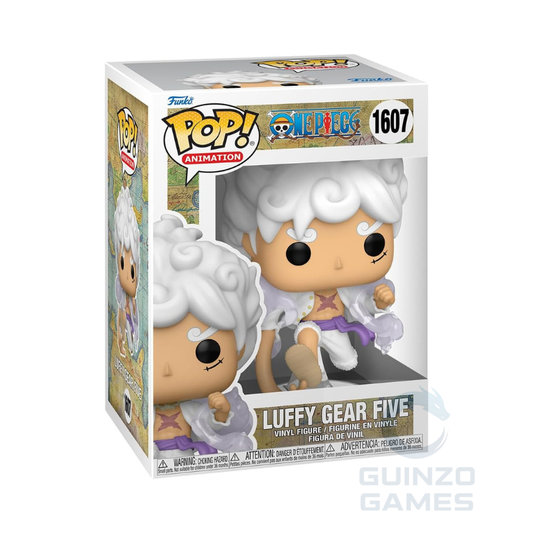 Funko Pop! figura da animazione One Piece Luffy Gear Five, capelli bianchi, posa in corsa.