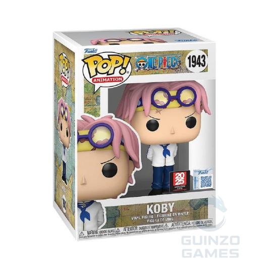 Scatola con figura Funko POP Koby: occhiali blu, capelli rosa, abito bianco