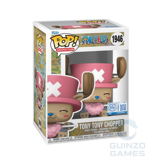 Figura Funko Pop Chopper in scatola, cappello rosa, dettagli bianchi e blu.