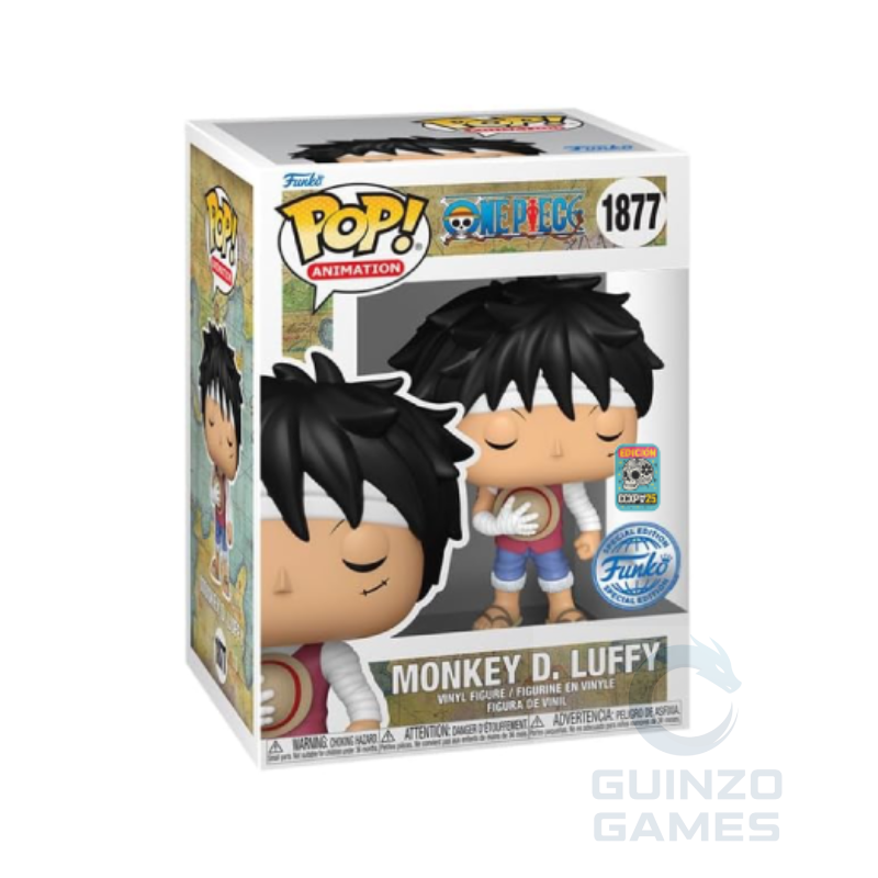 Figura in vinile Funko POP di Monkey D. Luffy in scatola con capelli neri e maglia bianca
