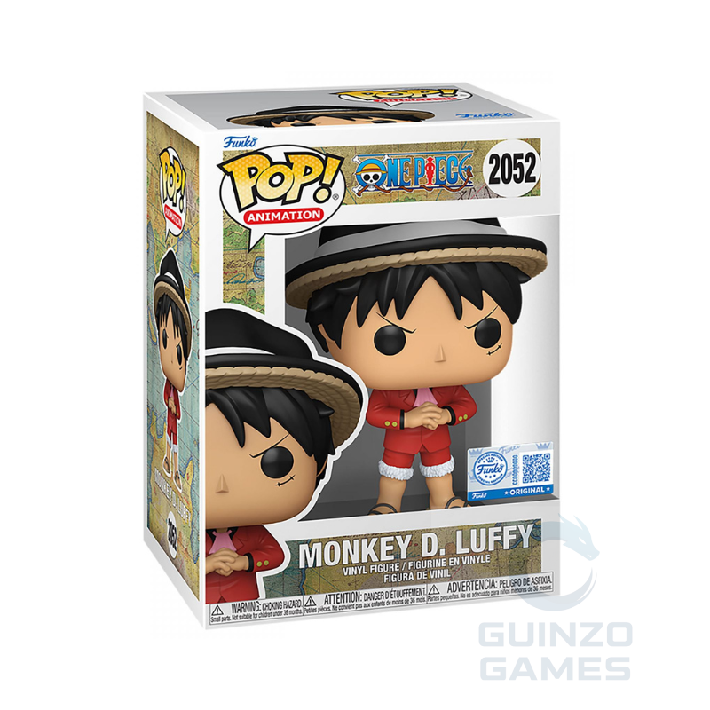 Action figure Funko POP in vinile di Monkey D. Luffy, cappello e maglia rossa.