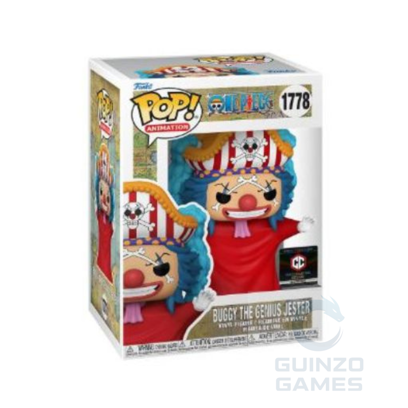 Scatola Funko Pop della figura clown Buggy con cappello e mantello rosso blu