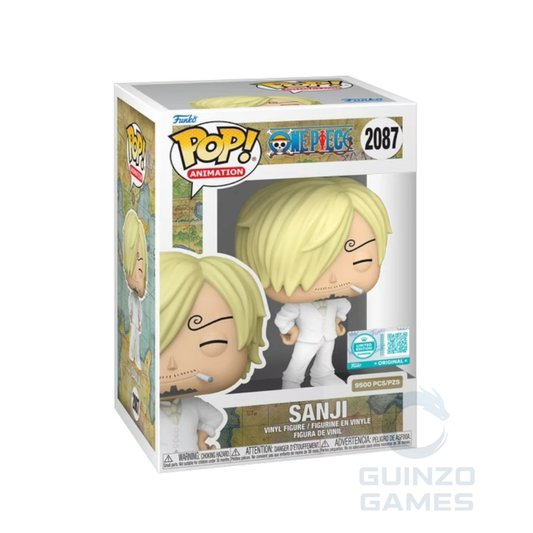 Funko Pop di Sanji in scatola, completo bianco e capelli biondi, vista laterale